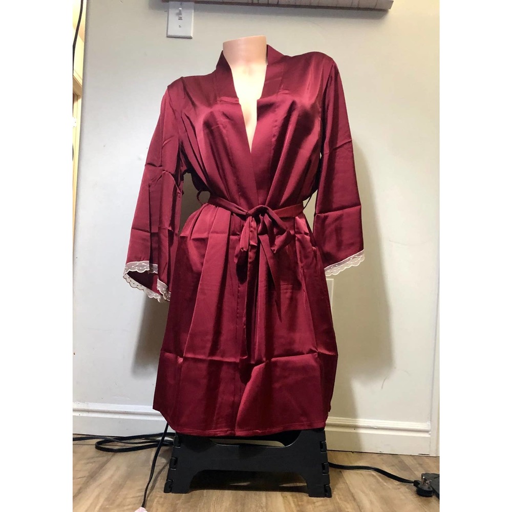 Burgundy Sexy women's Robe sleepwear silk lace nightgown bridal wedding